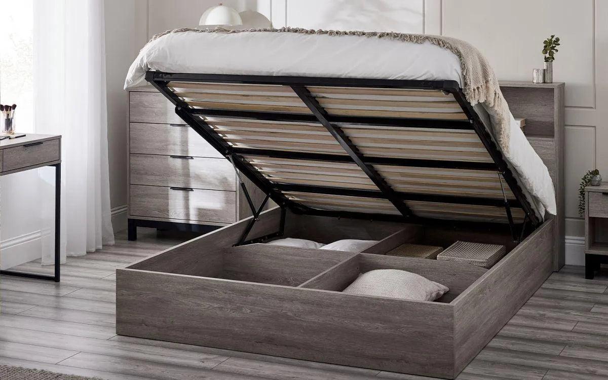 Bali Grey Oak Wooden Bookcase Ottoman Storage Bed